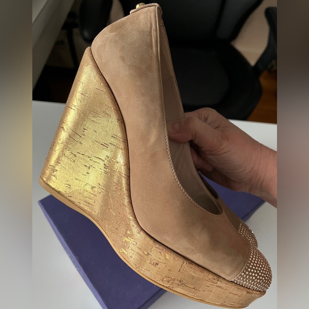 Stuart Weitzman Wedge Studswoon Nubuck And Gold C… - image 6